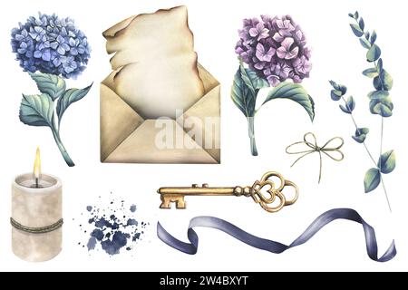 Fournitures d'écriture : papier papyrus, enveloppe artisanale, bougie, clé, hortensia et fleurs d'eucalyptus. Illustration à l'aquarelle dessinée à la main. Ensemble de isolé Banque D'Images