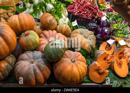 Citrouilles Hokkaido dans la grande halle de marché, Mercato orientale, via XX Settembre, 75 r, Gênes, Italie Banque D'Images