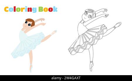 Coloriage. Une ballerine dans un tutu de ballet danse légèrement et gracieusement avec ses bras jetés en arrière et sa jambe levée. Elle est danseuse. Illustration de Vecteur