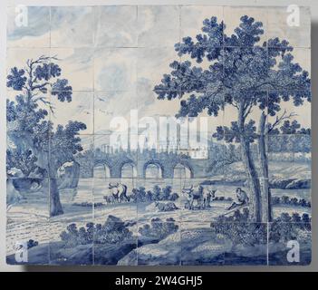 Tableau carrelé avec paysage fluvial, boulangerie carrelée sur le Delftschevaart, c. 1680 - c. 1720 Tableau carrelé de quarante-deux tuiles (6 x 7) avec un paysage fluvial peint en bleu avec un pont au milieu et au premier plan un berger assis sous un arbre avec son bétail. A gauche ci-dessous marqué : C : BM. Faïence Rotterdam. Majolica Tin Glaze Tile Tableau de quarante-deux tuiles (6 x 7) avec un paysage de rivière peint en bleu avec un pont au milieu et au premier plan un berger assis sous un arbre avec son bétail. A gauche ci-dessous marqué : C : BM. Faïence Rotterdam. majolique de glaçure d'étain Banque D'Images
