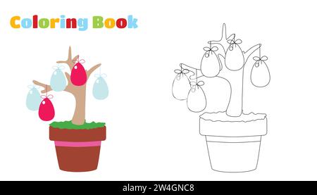 Coloriage. L'arbre est décoré avec des œufs de Pâques dans des pots. Illustration festive pour les vacances. Illustration de Vecteur