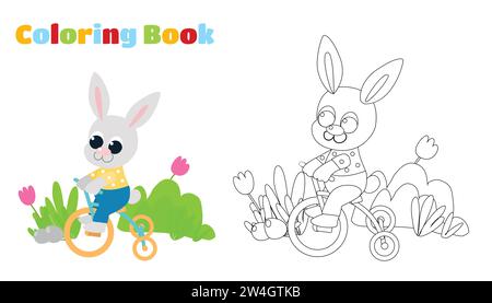 Coloriage. Illustration de printemps de Pâques d'un lapin mignon sur un vélo. Lapin de Pâques dans le style de bande dessinée pour les enfants. Illustration de Vecteur