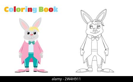 Coloriage. Lapin mignon et drôle. Illustration vectorielle de personnage de dessin animé. Lapin vêtu d'une veste, d'un pantalon et d'une cravate. Illustration de Vecteur