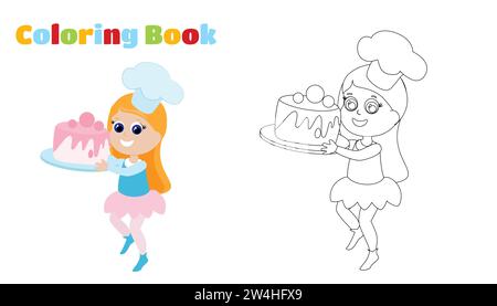 Coloriage. Petite fille mignonne tient un énorme gâteau avec de la crème dans ses mains. L'enfant est heureux et porte un chapeau de chef. Conception des personnages. Illustration de Vecteur