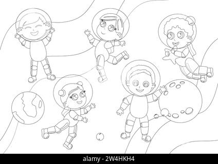 Coloriage. Les enfants d'une fille et d'un garçon en costumes d'astronaute sont dans l'espace. Ils s'amusent dans le contexte de la planète Terre et d'autres pla Illustration de Vecteur