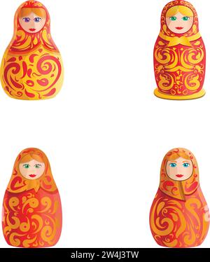 Matryoshka icônes set vecteur de dessin animé. Poupée russe. Jouet traditionnel en bois, souvenir Illustration de Vecteur