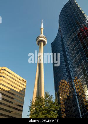 Tour CN. 290 Bremner Blvd, Toronto (ONTARIO) M5V 3L9. Tour emblématique de plus de 553 mètres de haut, avec plancher de verre, restaurant tournant et vue panoramique. Banque D'Images