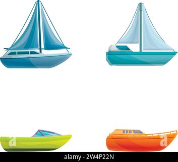 Icônes de transport d'eau définir vecteur de dessin animé. Yacht de voyage et hors-bord. Excursion en bateau, yachting, hobby Illustration de Vecteur