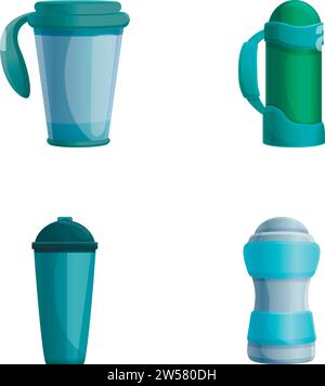 Vecteur de dessin animé pour icônes de tasse Thermo. Mug et thermos de voyage variés. Bouteille à vide pour boisson chaude Illustration de Vecteur