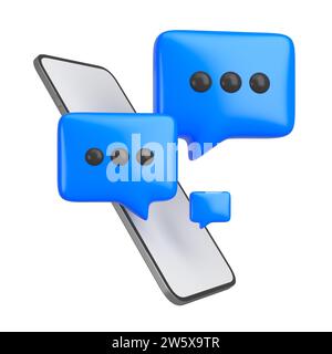 Bulles de chat bleues message icône de dialogue vocal ou type de communication parler sur l'écran du smartphone. Utilisation d'un téléphone portable avec mention de fil de commentaire ou Banque D'Images
