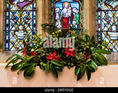 Noël 2023 exposition de fleurs à All Saints Church, East Budleigh. Banque D'Images