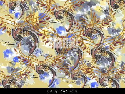 Fond texturé coloré dans la tonalité dorée-bleu-gris avec des éléments papillon ou floral. Bogemian toile de fond pour les concepts d'affaires, les couvertures, la mode Banque D'Images
