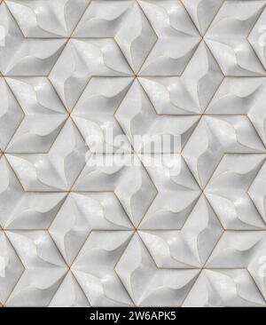 Un motif sans couture de carreaux géométriques 3D blancs avec un design moderne, créant une texture murale élégante. Banque D'Images