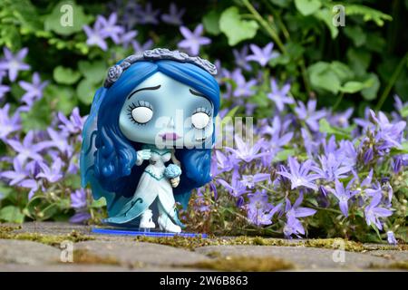 Funko Pop figure d'action d'Emily du film d'animation gothique sombre de fantaisie Corpse bride. Fleurs bleues, mousse, route de pierre, jardin mystérieux, mariage. Banque D'Images