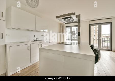 L'image montre une cuisine moderne avec des meubles blancs élégants, un îlot central et un balcon avec vue, illustrant un design contemporain de la maison. Banque D'Images