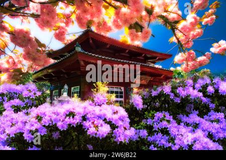 Jardin japonais, Leverkusen, Rhénanie du Nord-Westphalie, Allemagne, Europe, altéré numériquement Banque D'Images