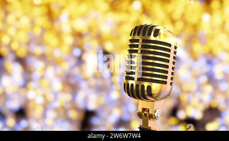 microphone doré vintage et fond flou avec lumières scintillantes, illustration de rendu 3d. Banque D'Images