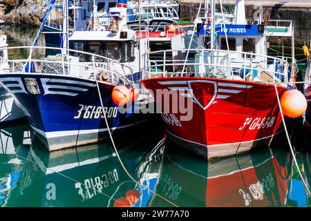 Chalutiers amarrés dans le port. Puerto de Vega, Navia, Principauté des Asturies, Espagne, Europe Banque D'Images