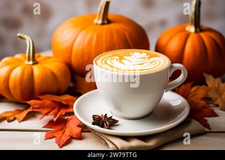 Latte de citrouille sur un fond de citrouilles. Halloween. Banque D'Images