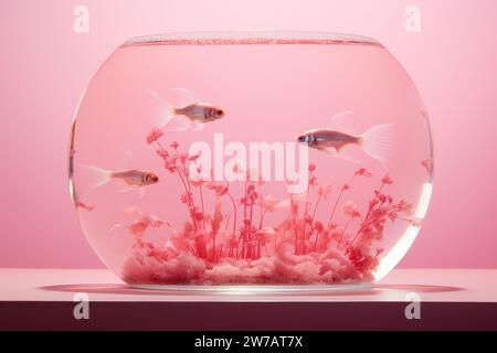 AI. Aquarium avec des poissons rouges sur un fond rose. Pop Art Banque D'Images