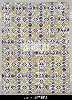 Champ de quarante-huit tuiles avec des lys français, anonyme, c. 1560 - c. 1600 champ de quarante-huit tuiles (8 x 6) chacune avec des lys français peints multicolores (bleu, vert et orange) en technologie de remplissage. Faïence néerlandaise. Majolica émaillé d'étain champ de quarante-huit tuiles (8 x 6) chacune avec des lys français peints multicolores (bleu, vert et orange) dans la technologie de remplissage. Faïence néerlandaise. majolique de glaçure d'étain Banque D'Images