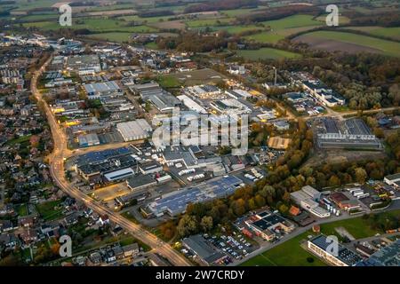 Vue aérienne, prise de vue de nuit, zone industrielle Römerstraße avec rue éclairée, entourée d'arbres caduques d'automne, Bockum-Hövel, Hamm, zone de la Ruhr, N Banque D'Images