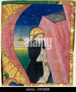 Illumination manuscrite de Saint Dominique sauvant l'église de Saint Jean Latran dans une initiale A d'un texte graduel. Milieu du 15e siècle. Italien, fabriqué en Lombardie, peut-être Crémone. Banque D'Images