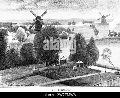 Paysage avec moulins à vent dans les marais de l'Elbe près d'Elmshorn, Schleswig-Holstein, Allemagne du Nord, Illustration historique 1896 Banque D'Images