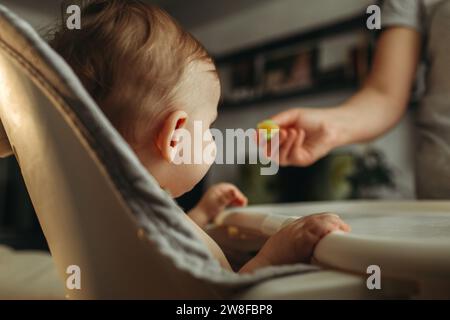 Un petit enfant mange de la purée de légumes. Maman nourrit le bébé. Banque D'Images