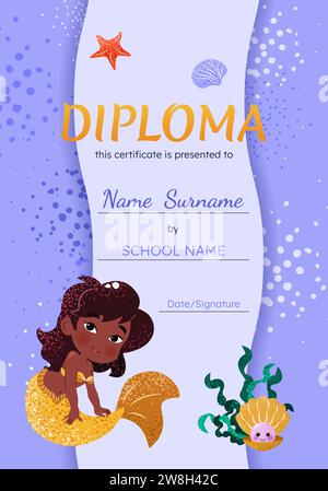 Modèle de certificat de diplôme avec sirène mignonne pour les enfants. Illustration de Vecteur