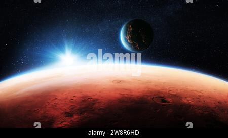Mars, la planète rouge avec des caractéristiques de surface détaillées et des cratères avec coucher de soleil incroyable dans l'espace profond. Planète Terre bleue avec des lumières dans l'espace extra-atmosphérique. Mars Banque D'Images