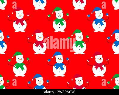 Modèle sans couture avec bonhomme de neige portant un chapeau de Père Noël, une écharpe et des mitaines. Bonhomme de neige avec une carotte pour le nez et une branche pour les mains. Conception de Noël pour b Illustration de Vecteur