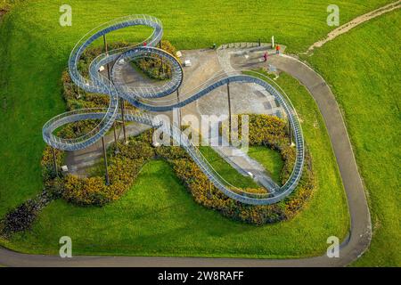 Vue aérienne, Tiger & Turtle - œuvre d'art de montagne magique, parc Heinrich-Hildebrand-Höhe, entouré d'arbres caduques d'automne, Wanheim-Angerhausen, Banque D'Images