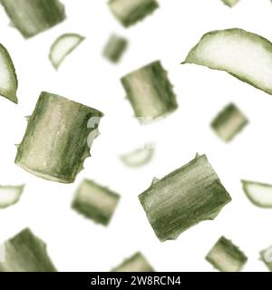 Aloe feuilles vert floral sans couture 3d motif blured aquarelle, isolé sur fond blanc, dessiné à la main. Succulente découpée, botanique. Pour l'arrière-plan Banque D'Images