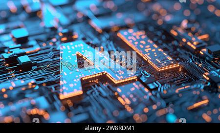 Les circuits bleu et orange Neon ai illuminent le chemin de l'IA, mettant en évidence le maillage complexe où l'intelligence artificielle rencontre l'électronique moderne. Banque D'Images