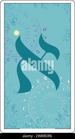 Conception pour une carte de tarot hébreu. Lettre hébraïque appelée Aleph large et bleue. Illustration de Vecteur