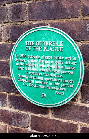 Sydney Australie plaque verte pour l'épidémie de peste bubonique de 1900 et Arthur Payne qui a contracté la maladie, NSW, Australie Banque D'Images