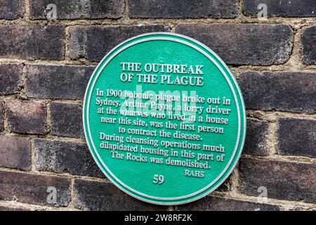 Sydney Australie plaque verte pour l'épidémie de peste bubonique de 1900 et Arthur Payne qui a contracté la maladie, NSW, Australie Banque D'Images