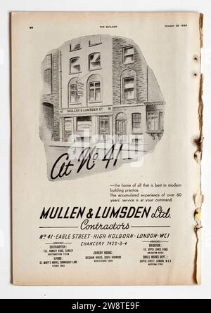 Publicité tirée d'une copie des années 1940 The Builder Magazine - Mullen et Lumsden Contractors Banque D'Images