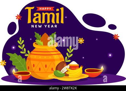 Joyeux Tamil nouvel an Vector Illustration avec des fleurs de Vishu, noix de coco, bougie, pots et festival hindou indien dans la conception de fond de dessin animé plat Illustration de Vecteur