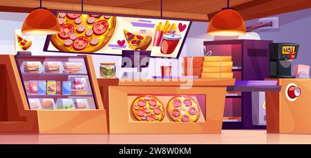 Intérieur de pizzeria avec comptoir de bar et caisse, four et vitrine avec nourriture et boissons, bannières de menu sur le mur. Illustration vectorielle de dessin animé de la salle de restaurant de pizza avec des meubles et de l'équipement. Illustration de Vecteur