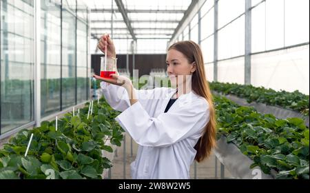 Une scientifique examine soigneusement un produit chimique clair dans un bécher à l'intérieur d'une serre brillante remplie de plantes. Banque D'Images