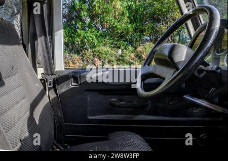 Siège conducteur et volant en tissu noir d'un Land Rover Defender ; à travers la fenêtre, la forêt est visible. Banque D'Images