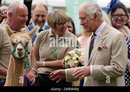 EXAMEN par l'Autorité palestinienne DE L'année 2023 photo du dossier datée du 20/07/23 - le roi Charles III et la reine Camilla (cachée) avec un alpaga lors d'une visite au Theatr Brycheiniog à Brecon, pays de Galles, pour rencontrer des membres de la communauté locale et célébrer le bénévolat local et le secteur du service public. Date de publication : jeudi 21 décembre 2023. Banque D'Images