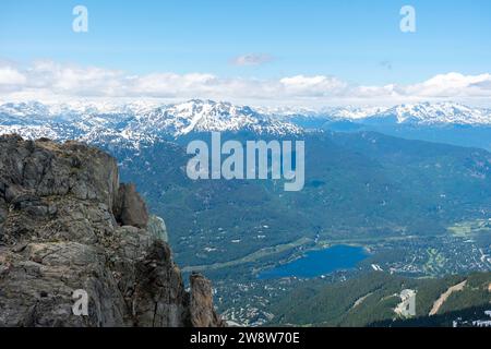 Vue panoramique depuis le sommet de Whistler : vallées verdoyantes contre des sommets enneigés. Banque D'Images