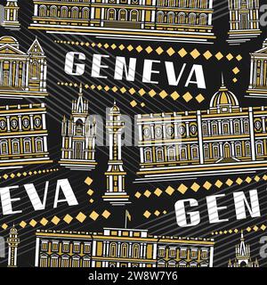 Vector Geneva Seamless Pattern, fond carré répétitif avec illustration du célèbre paysage européen de genève sur fond sombre, ligne décorative Illustration de Vecteur