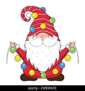 Mignon vecteur de Noël Gnome isolé sur fond blanc. Illustration de dessin animé GNOME. Illustration de Vecteur