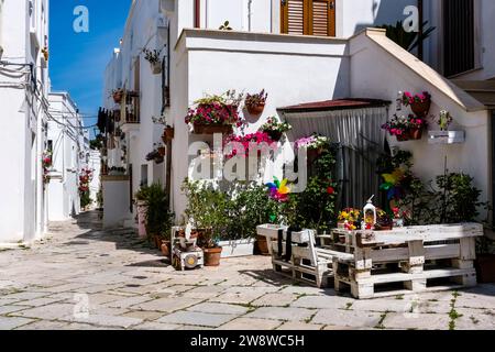 Maisons blanches dans les rues étroites de la petite ville de Mottola, décorées de fleurs colorées. Banque D'Images
