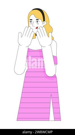 Excitée timide jeune femme caucasienne jeune personnage de dessin animé linéaire 2D. Illustration de Vecteur