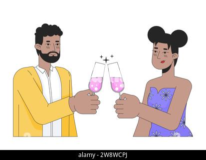 Couple afro-américain clinking Glasses personnages de dessins animés linéaires 2D. Illustration de Vecteur